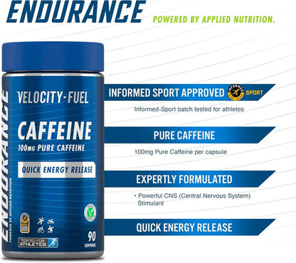 Applied Nutrition Endurance Velocity Fuel Pure Caffeine، 100 ملغ، 90 كبسولة